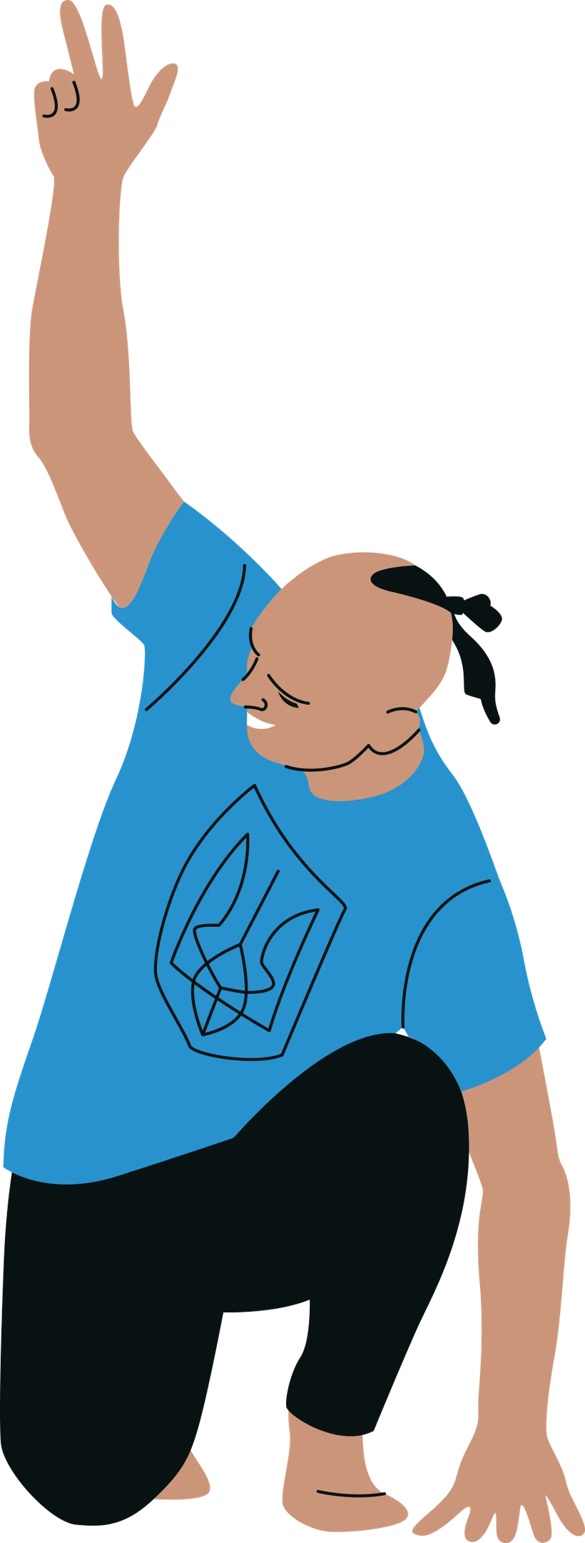 Illustrated performer kneeling with one arm raised